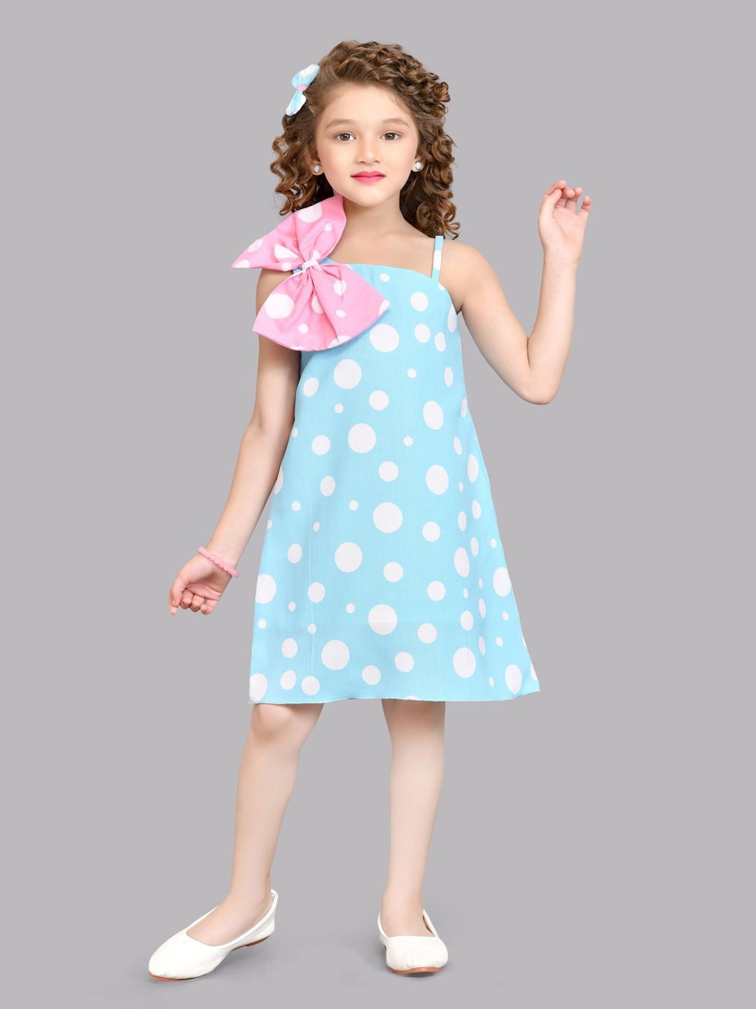 

Pink Chick Shoulder Straps Polka Dot Printed Bow Cotton A-Line Dress, Blue