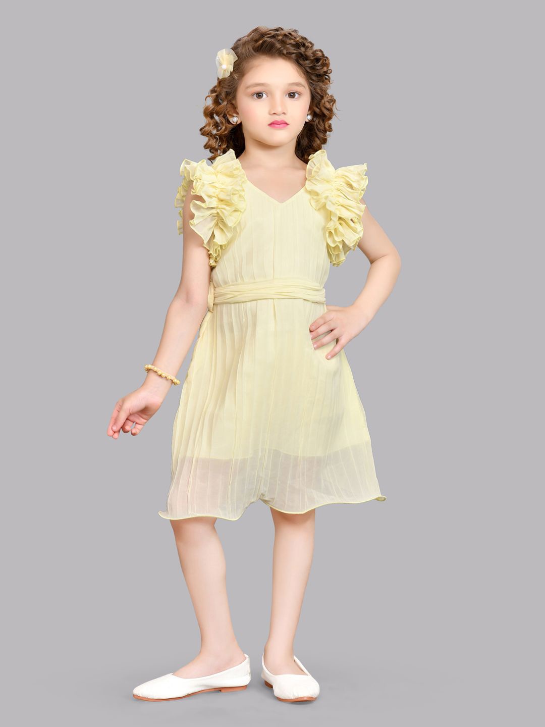 

Pink Chick Girls Striped V-Neck Accordion Pleats Ruffled Georgette A-Line Dress, Yellow