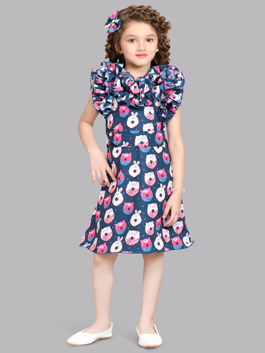 

Pink Chick Girls Polka Dot Print Round Neck Flutter Sleeve Ruffled A-Line Dress, Teal