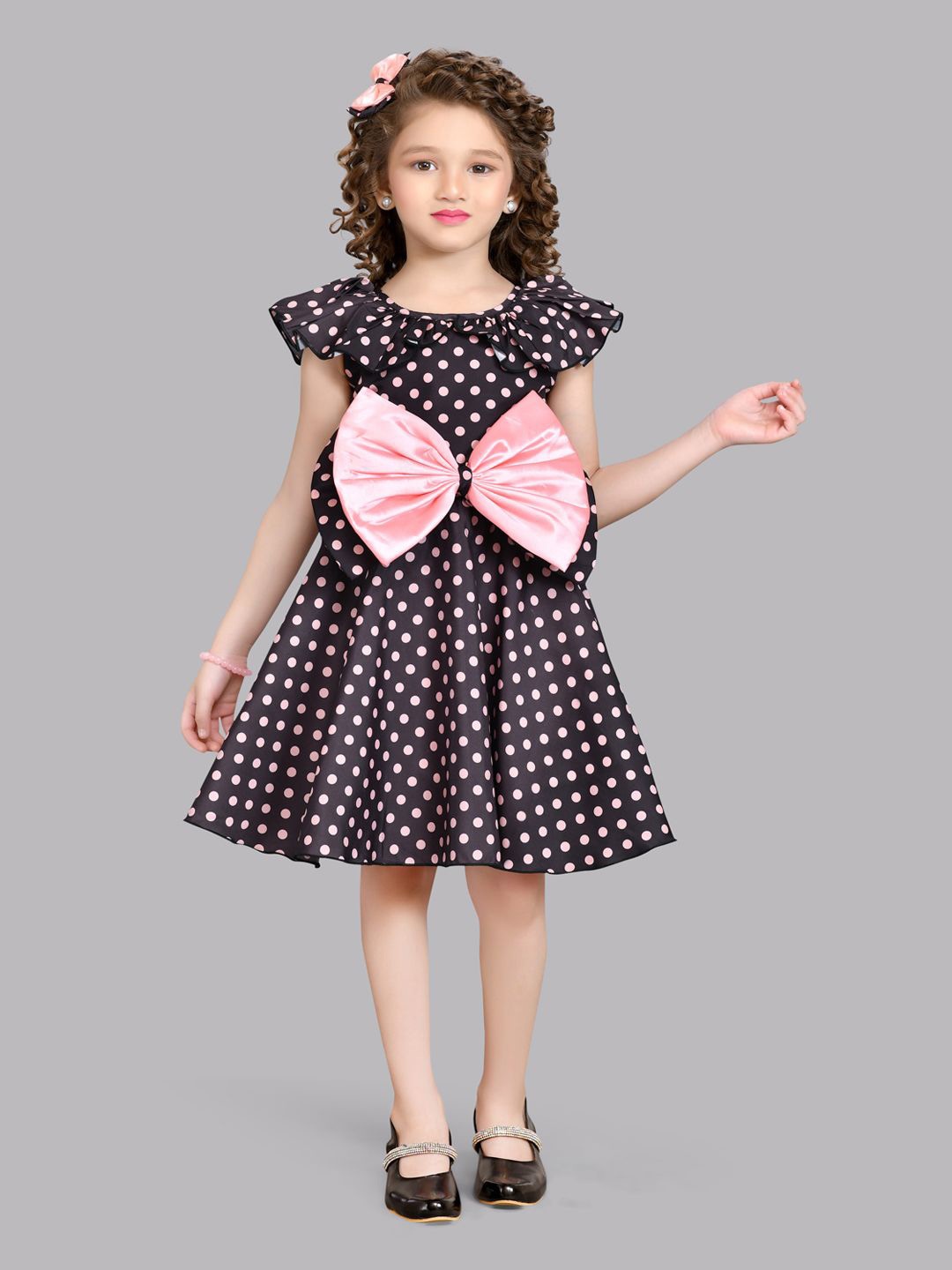 

Pink Chick Girls Round Neck Polka Dot Print Flutter Sleeve Fit & Flare Dress, Black