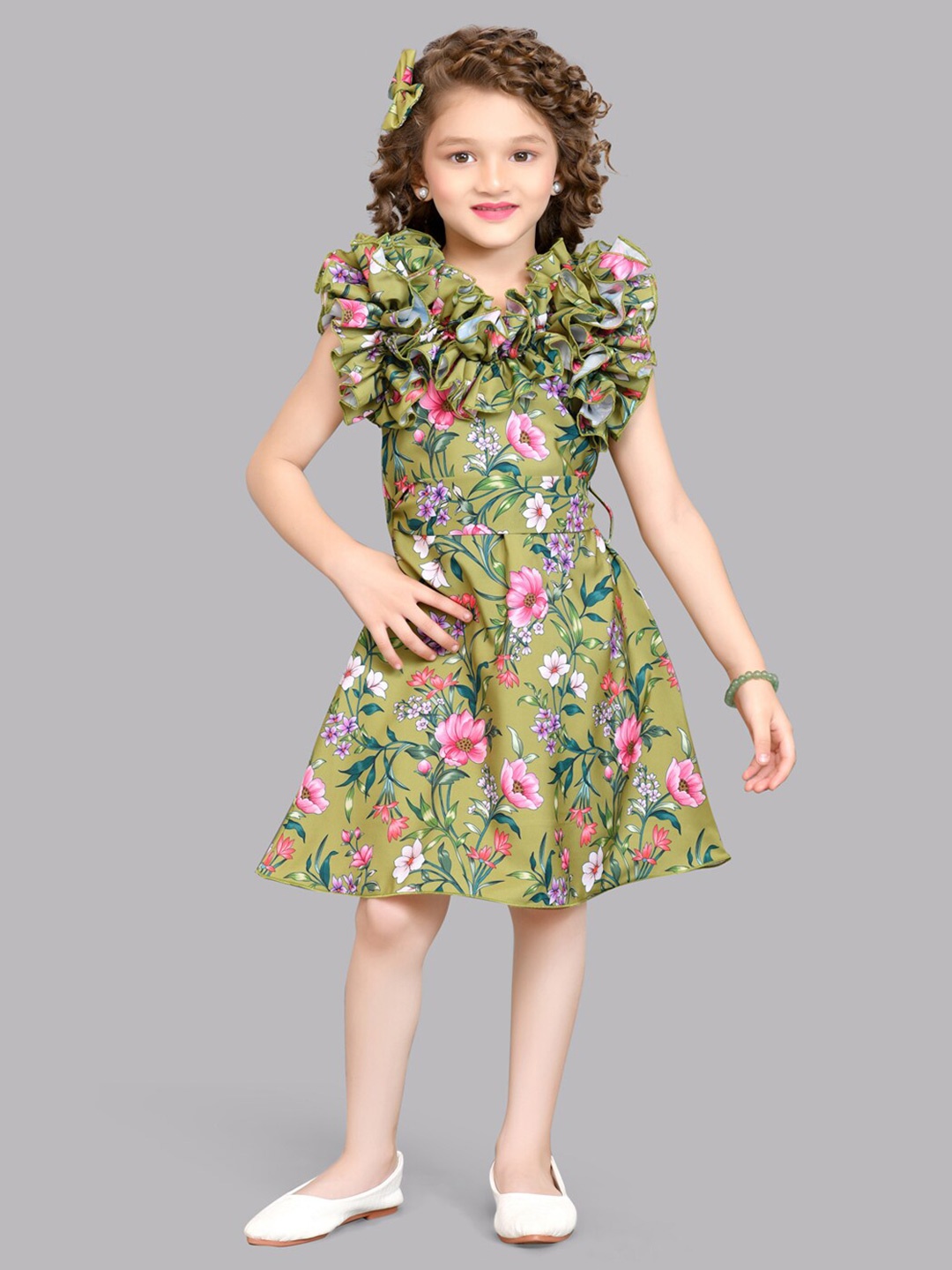 

Pink Chick Girls Round Neck Floral Print Flutter Sleeves Ruffled A-Line Dress, Olive