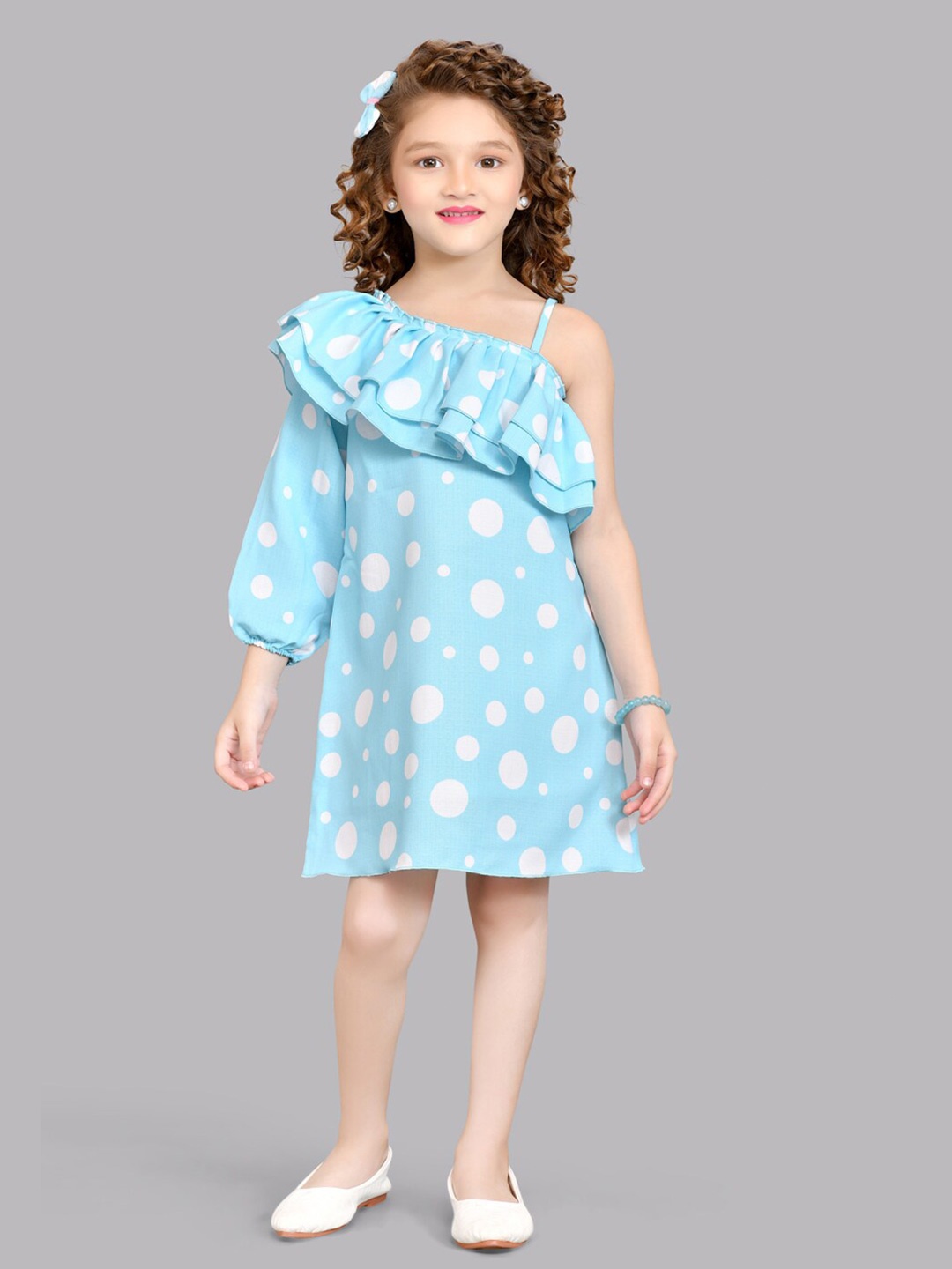 

Pink Chick Girls Polka Dot Printed Puff Sleeve Ruffled A-Line Dress, Blue