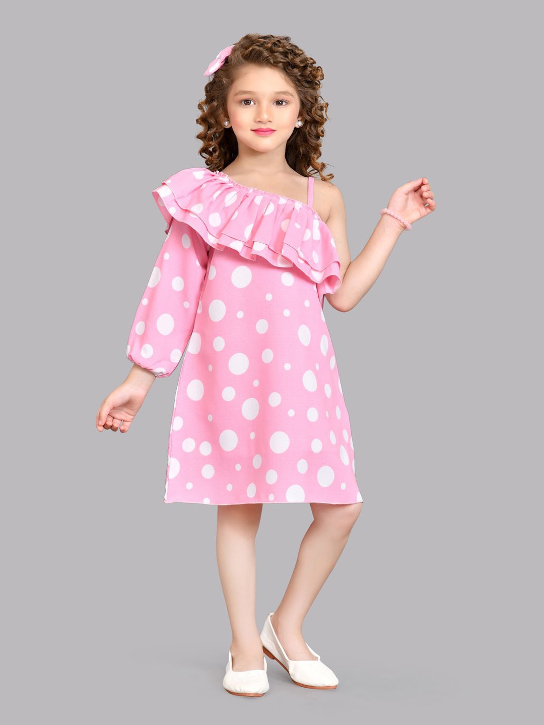 

Pink Chick Girls Polka Dots Print One Shoulder Puff Sleeves Ruffled Cotton A-Line Dress