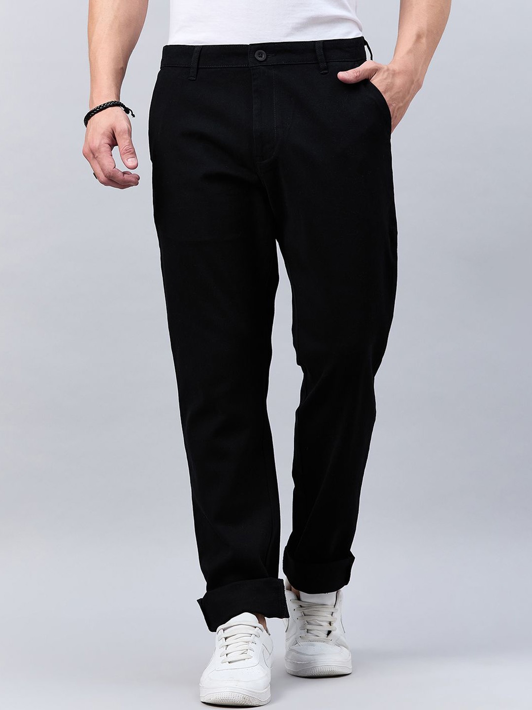 

Style Quotient Men Black Smart Mid-Rise Slim Fit Trousers