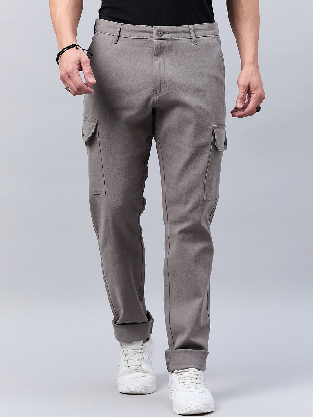 

Style Quotient Men Grey Smart Slim Fit Mid-Rise Stretchable Cotton Cargos Trousers