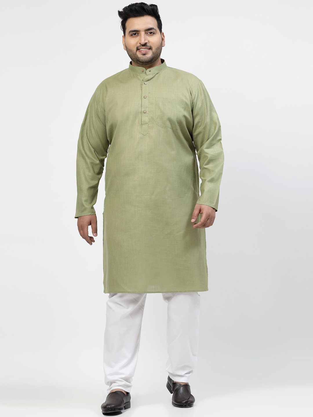 

plusS Mandarin Collar Pure Cotton Straight Kurta With Pyjama, Green