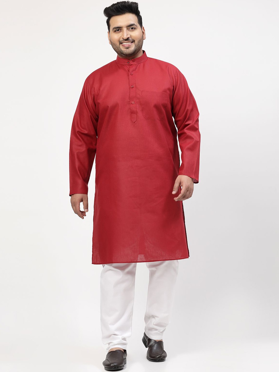 

plusS Mandarin Collar Pure Cotton Straight Kurta With Pyjama, Red