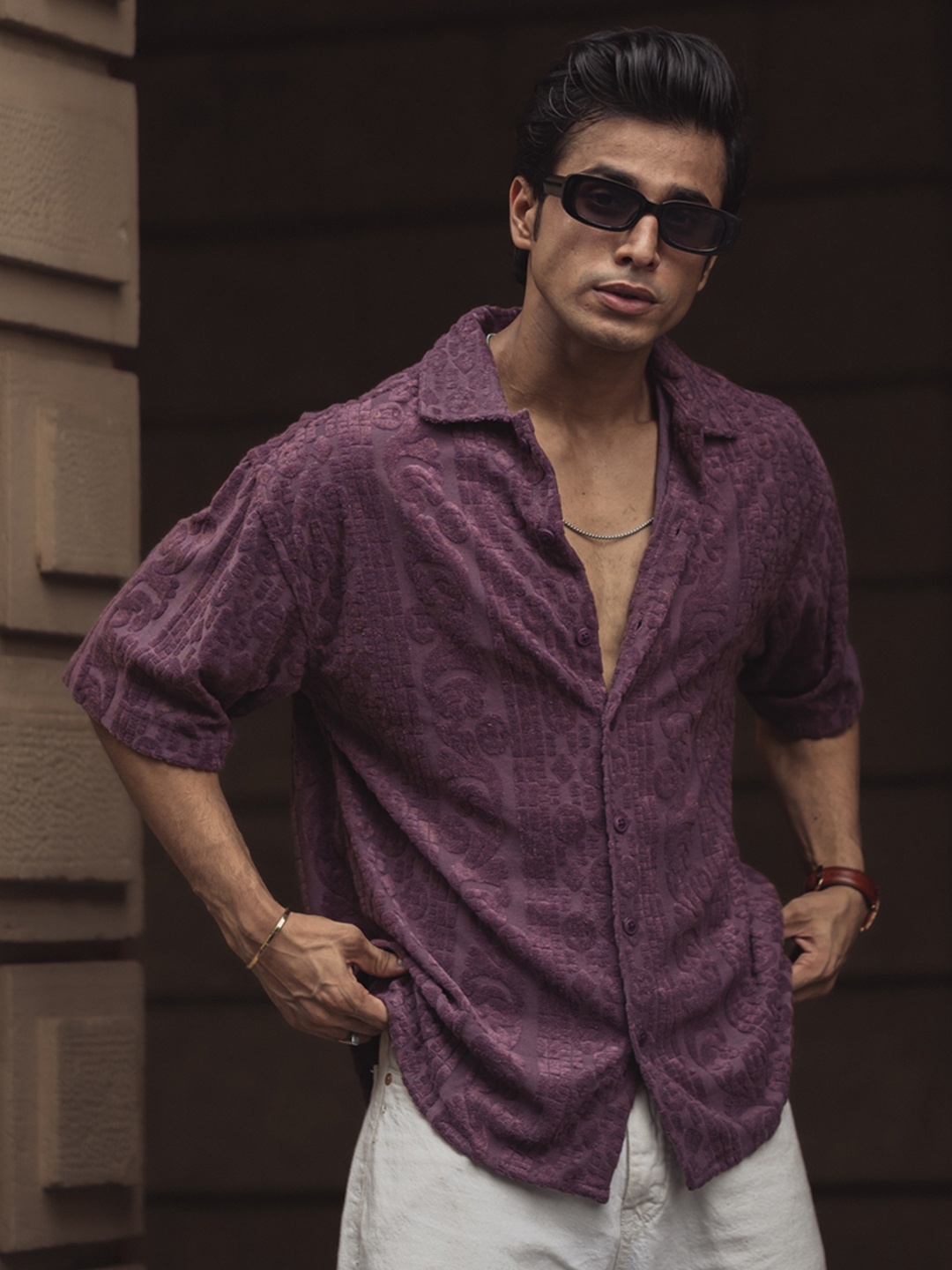 

Powerlook India Slim Spread Collar Checked Oversized Casual Shirt, Purple