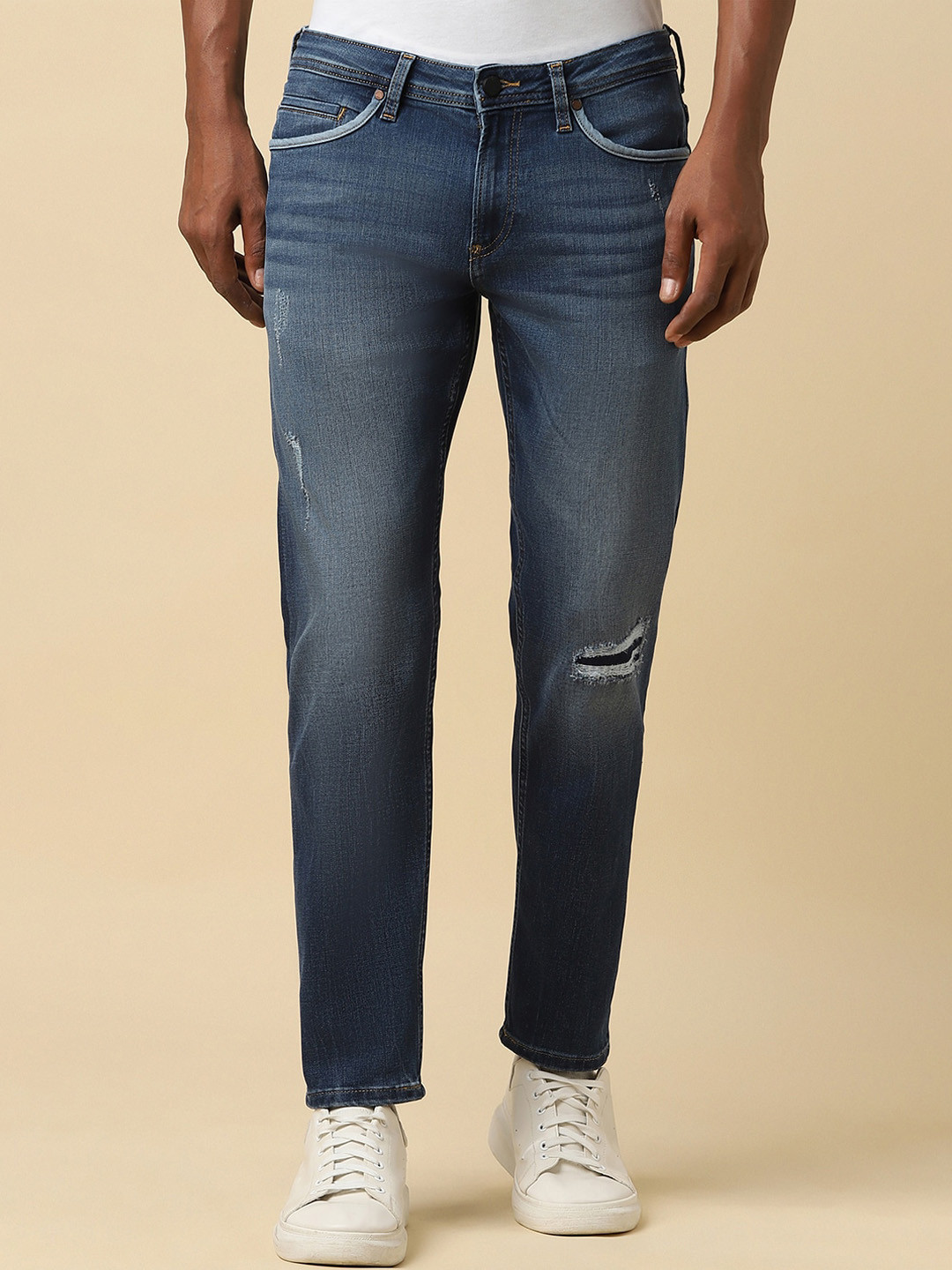 

Allen Solly Men Low Distress Light Fade Medium shade Non Stretchable Slim Fit Jeans, Navy blue