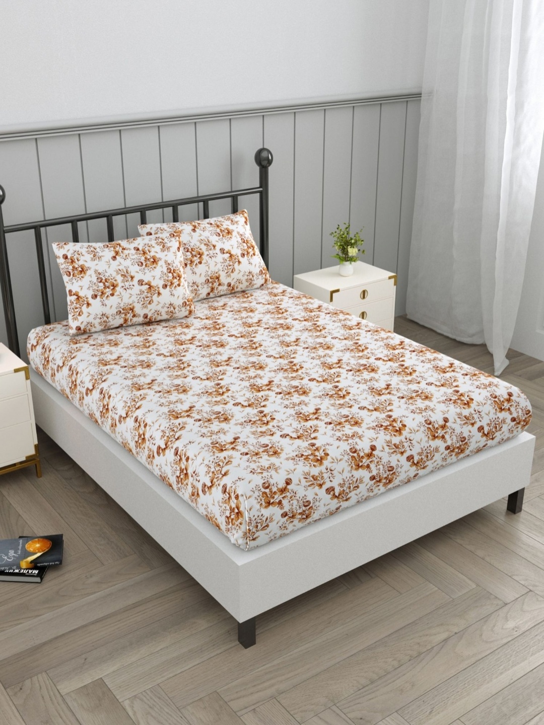

EverHOME Zen White & Brown Floral Cotton 160 TC Queen Bedsheet With 2 Pillow Covers