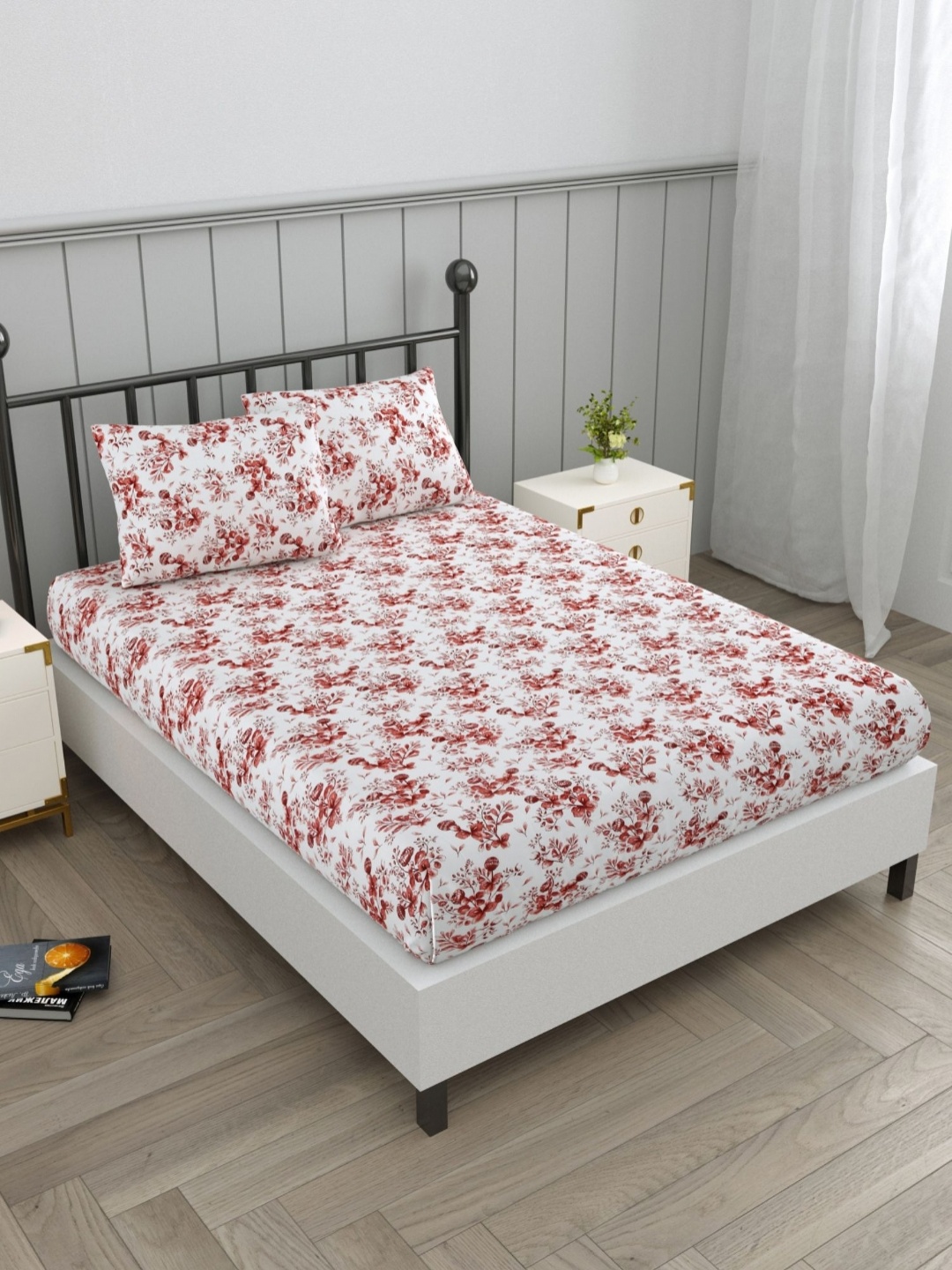 

EverHOME White & Red Floral Cotton 160 TC Queen Bedsheet with 2 Pillow Covers