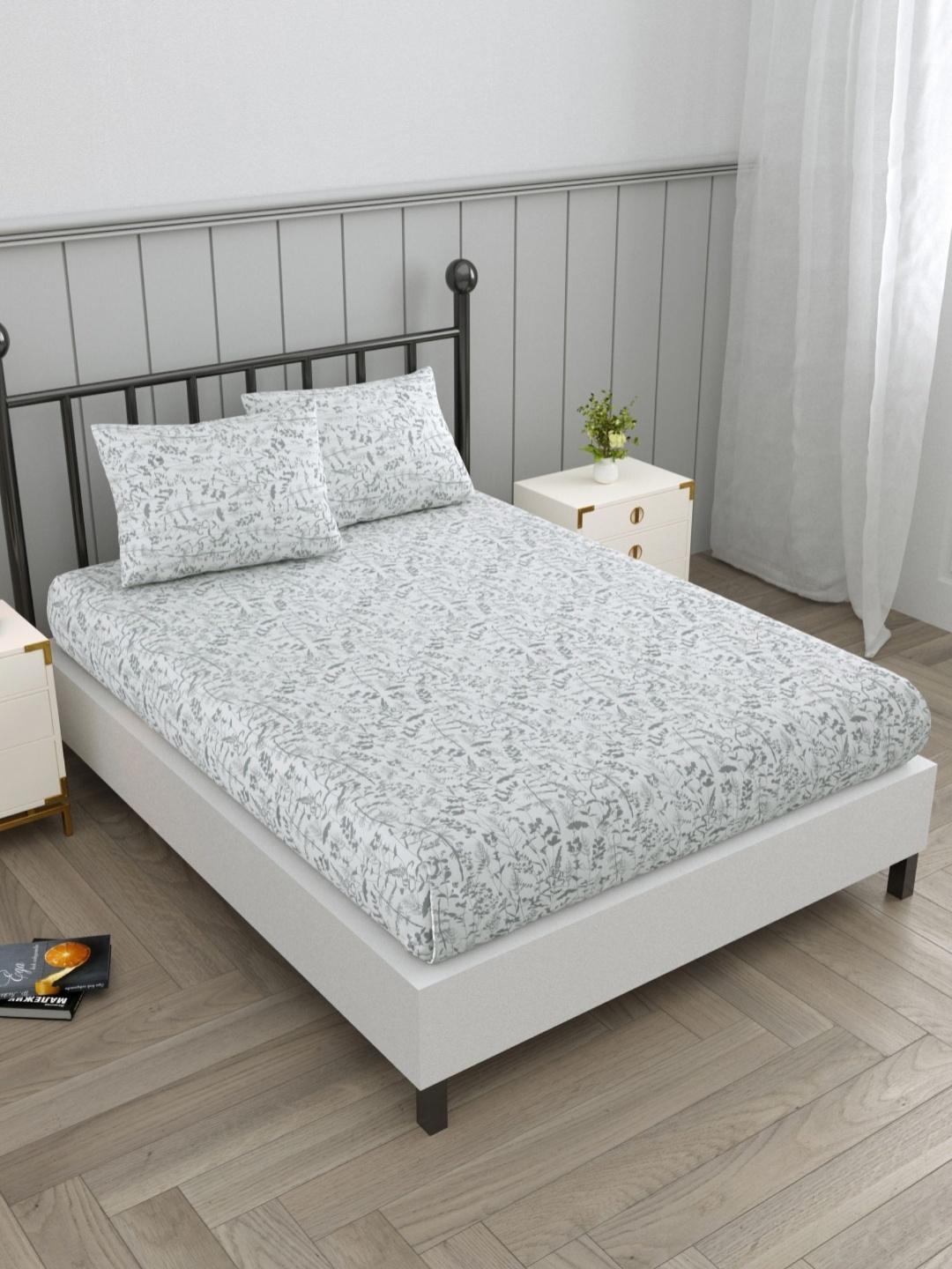 

EverHOME zen White & Grey Floral 160 TC Cotton Queen Bedsheet with 2 Pillow Covers