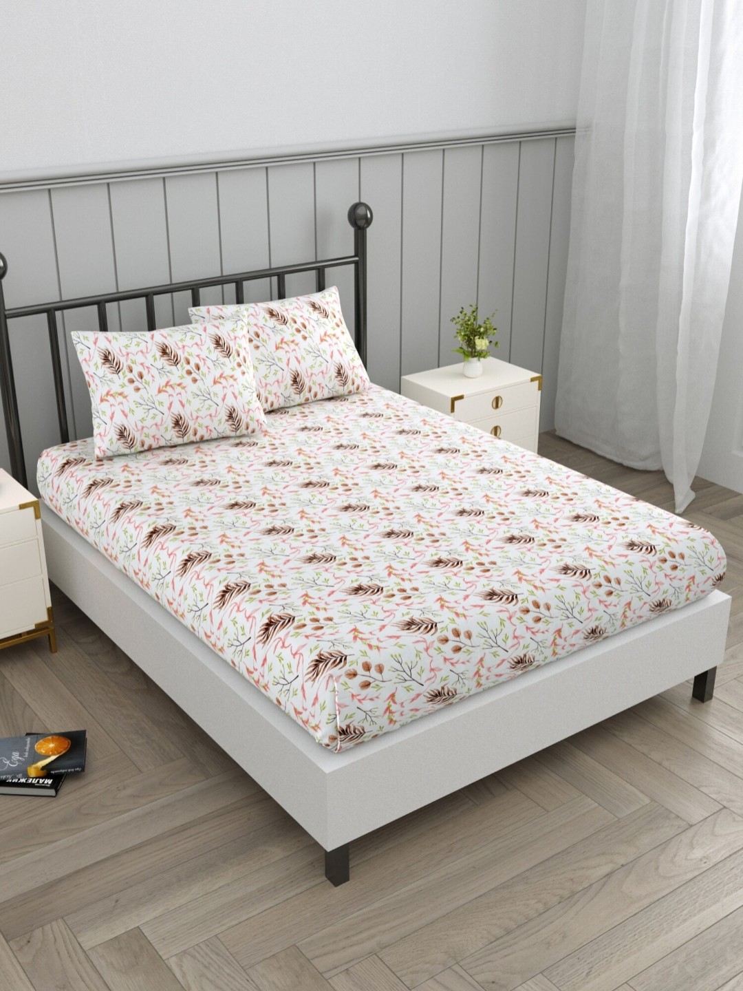 

EverHOME zen White Floral 160 TC Cotton Queen Bedsheet with 2 Pillow Covers