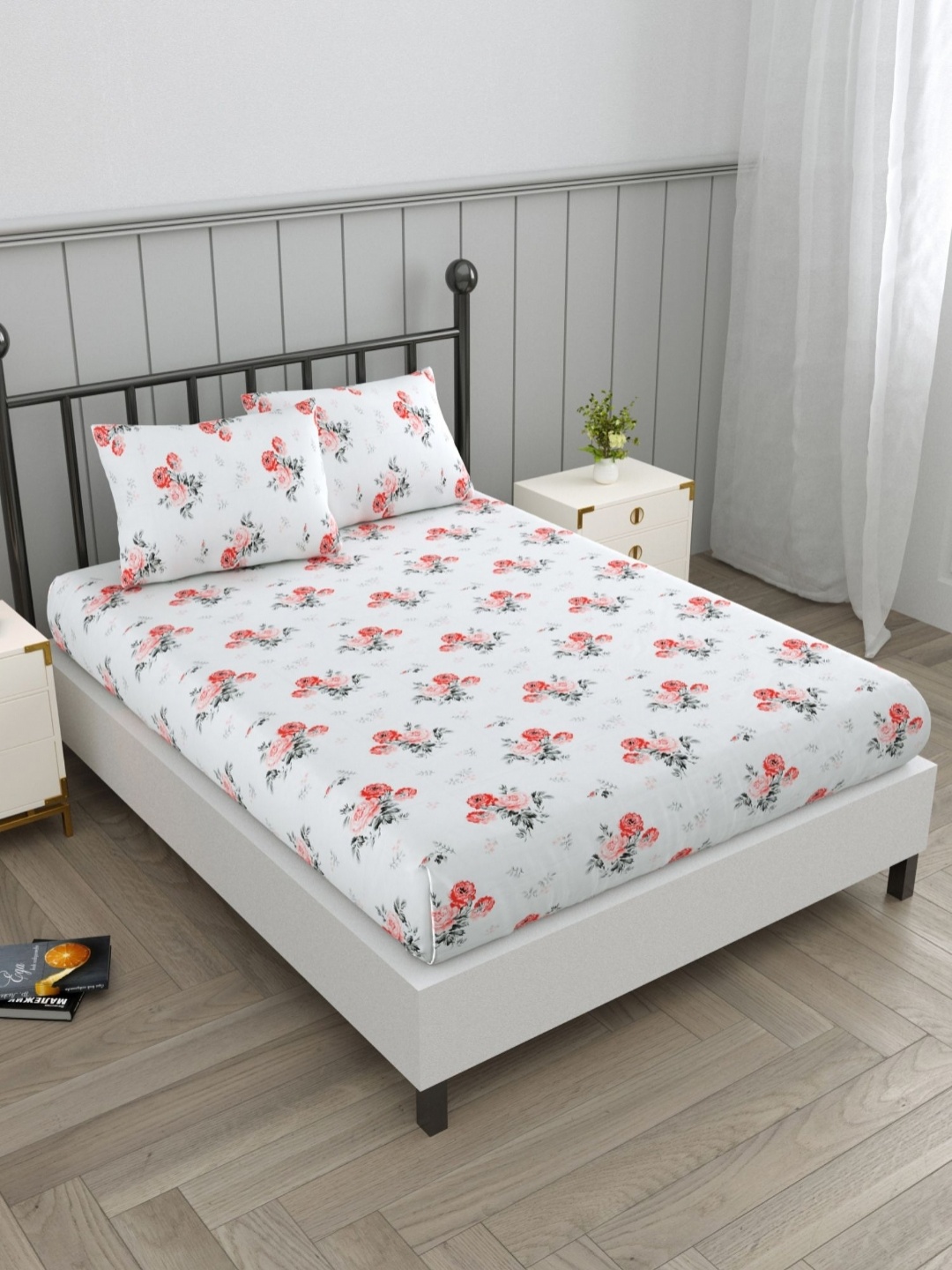 

EverHOME Zen White & Pink Floral Cotton 160 TC Queen Bedsheet With 2 Pillow Covers