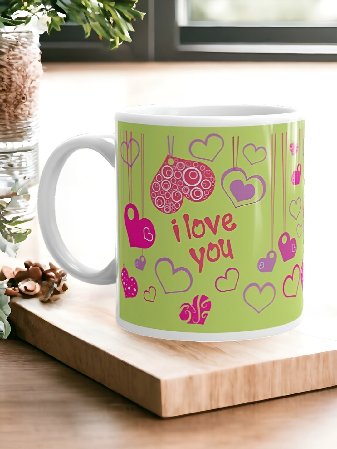 

bettergiftflowers Green & Fuchsia Printed Ceramic Matte Smooth Surface Mug 350ml