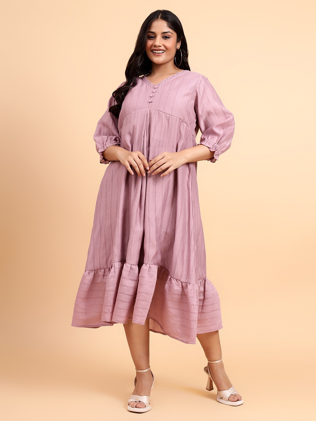 

Bani Women Plus Size Striped V-Neck Cotton Fit & Flare Dress, Mauve