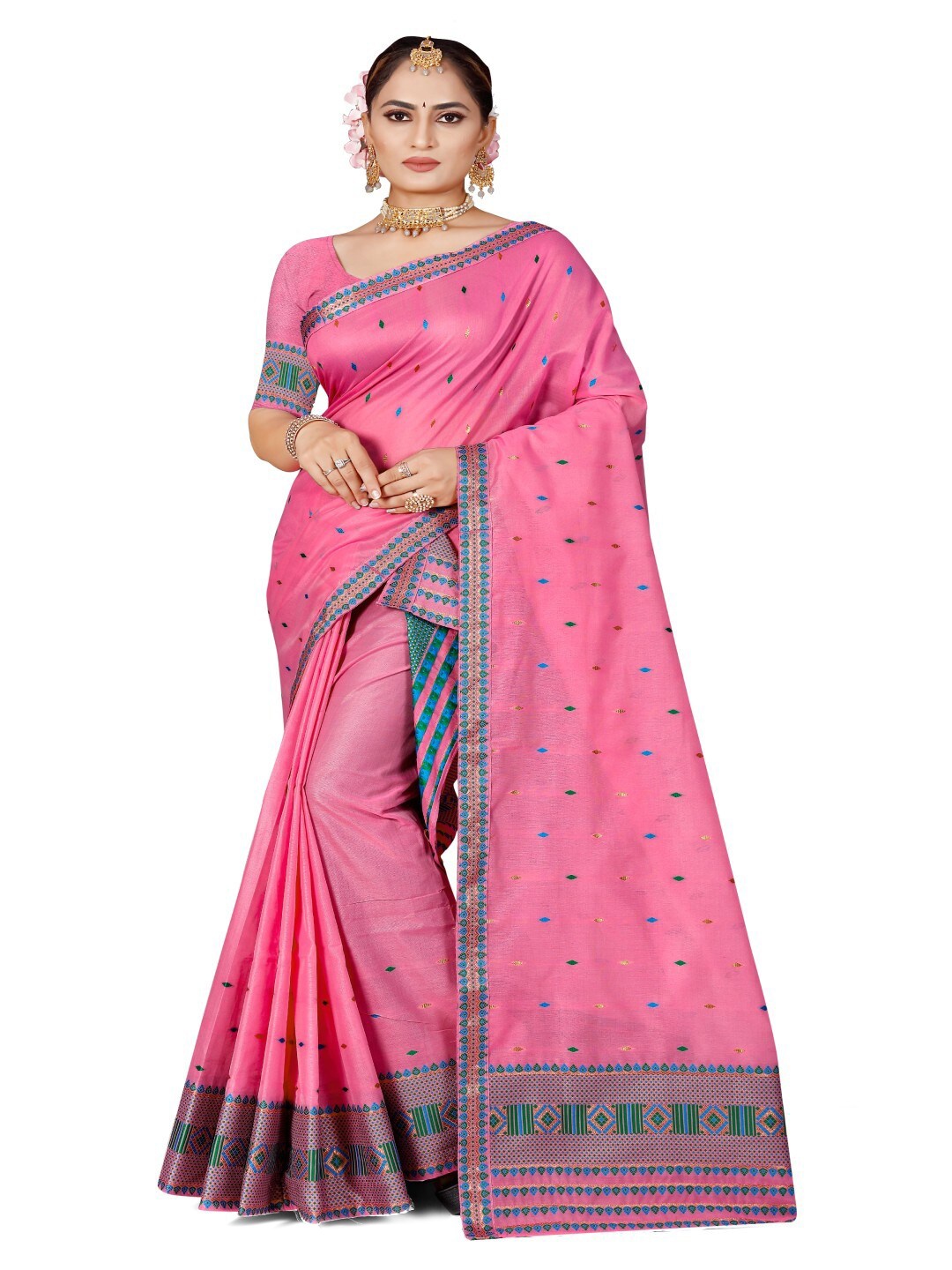 

Skiran's Assamese Mekhela Chador Woven Design Saree, Pink