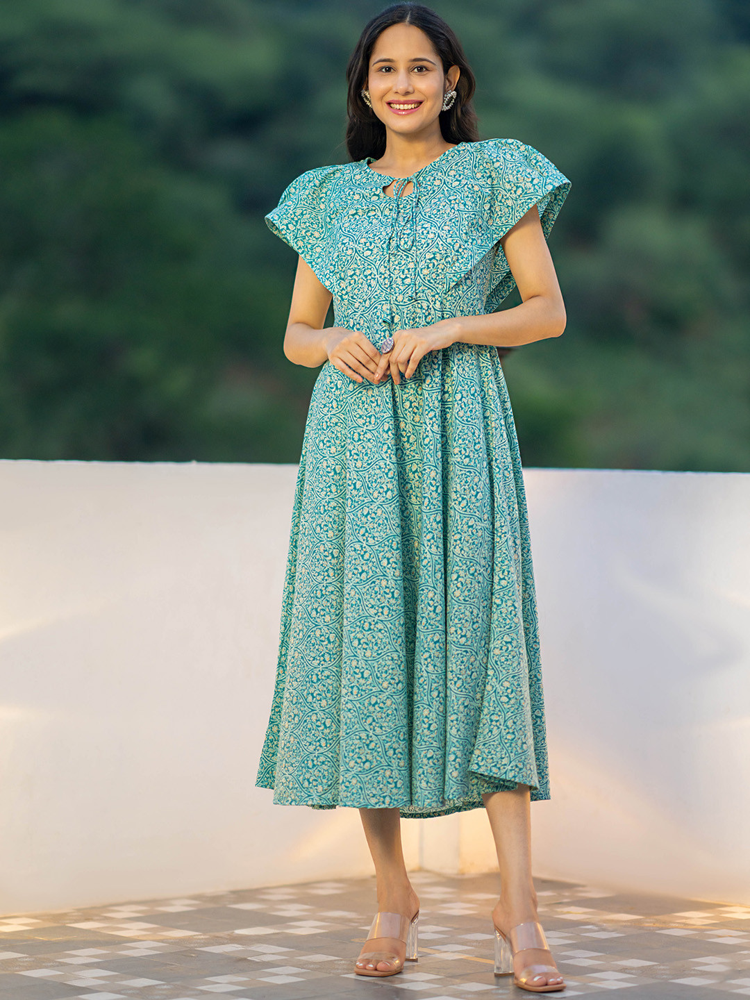

GAYRAA Geometric Printed Tie-Up Neck Flared Sleeves A-Line Dress, Turquoise blue
