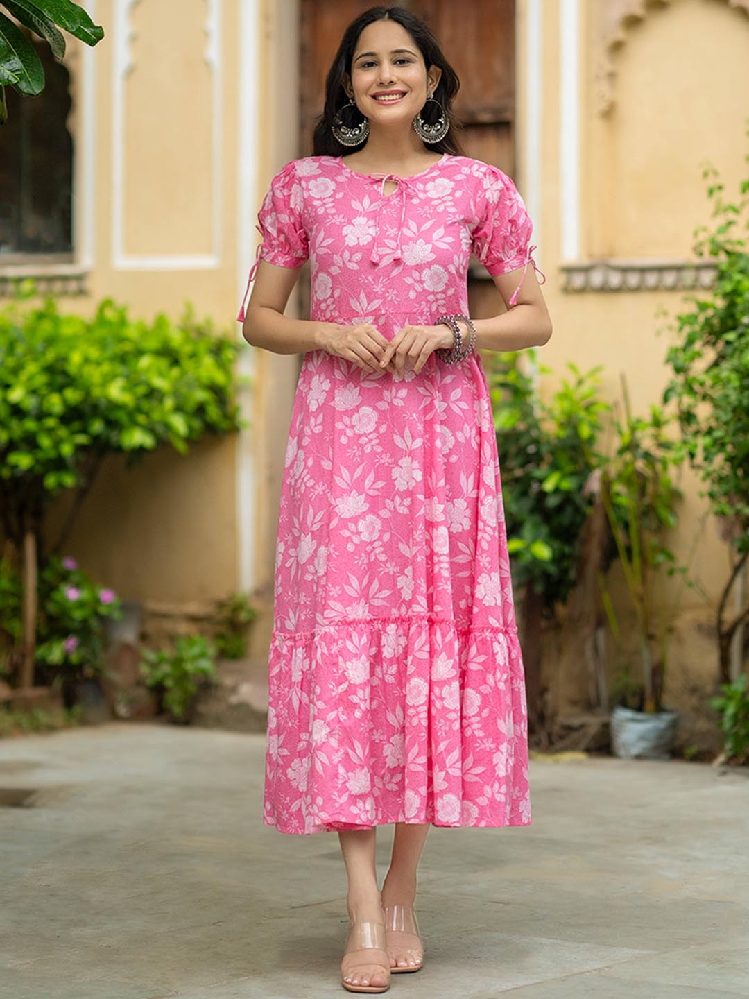 

GAYRAA Floral Printed Tie-Up Neck Cotton A-Line Dress, Pink