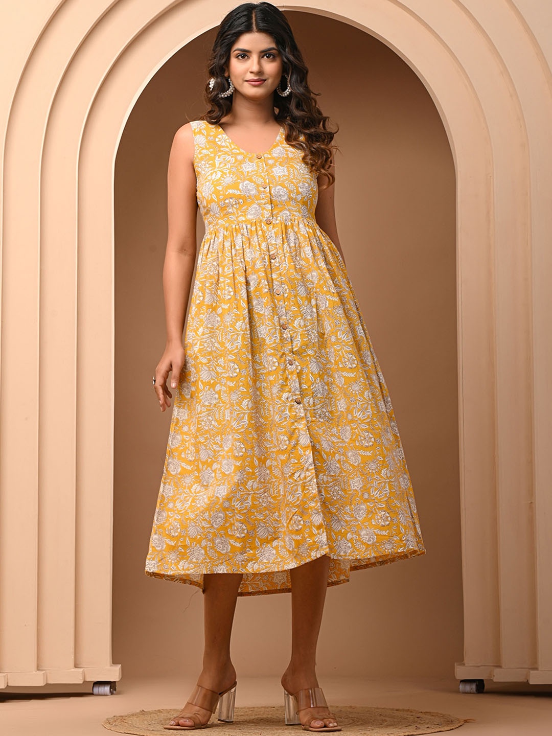 

GAYRAA Ethnic Motifs Printed Round Neck Tiered Cotton A-Line Derss, Yellow