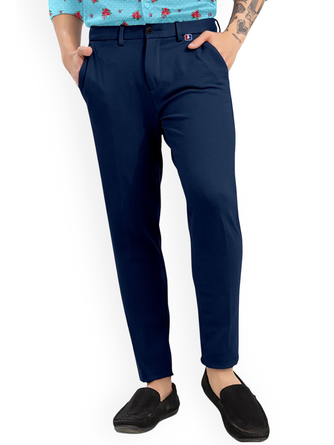 

Fashion FRICKS Men Mid-Rise Lycra Plain Formal Trousers Trousers, Navy blue