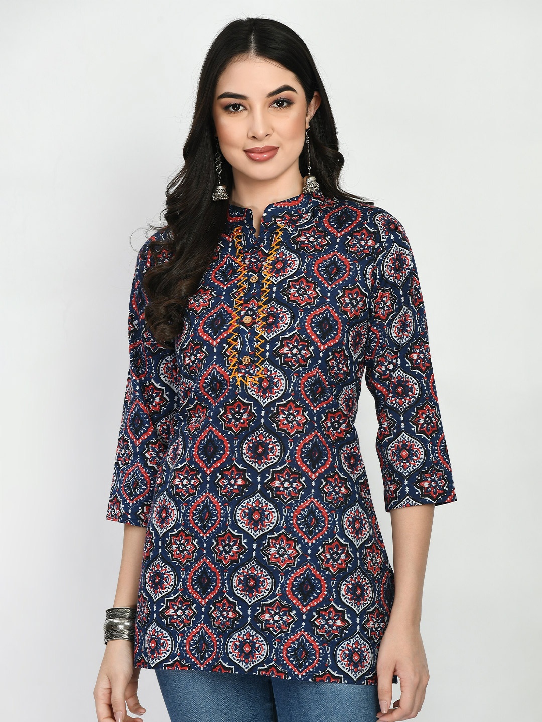 

AnjuShree Choice Ethnic Motifs Printed Embroidered Detail Mandarin Collar Cotton Tunic, Blue