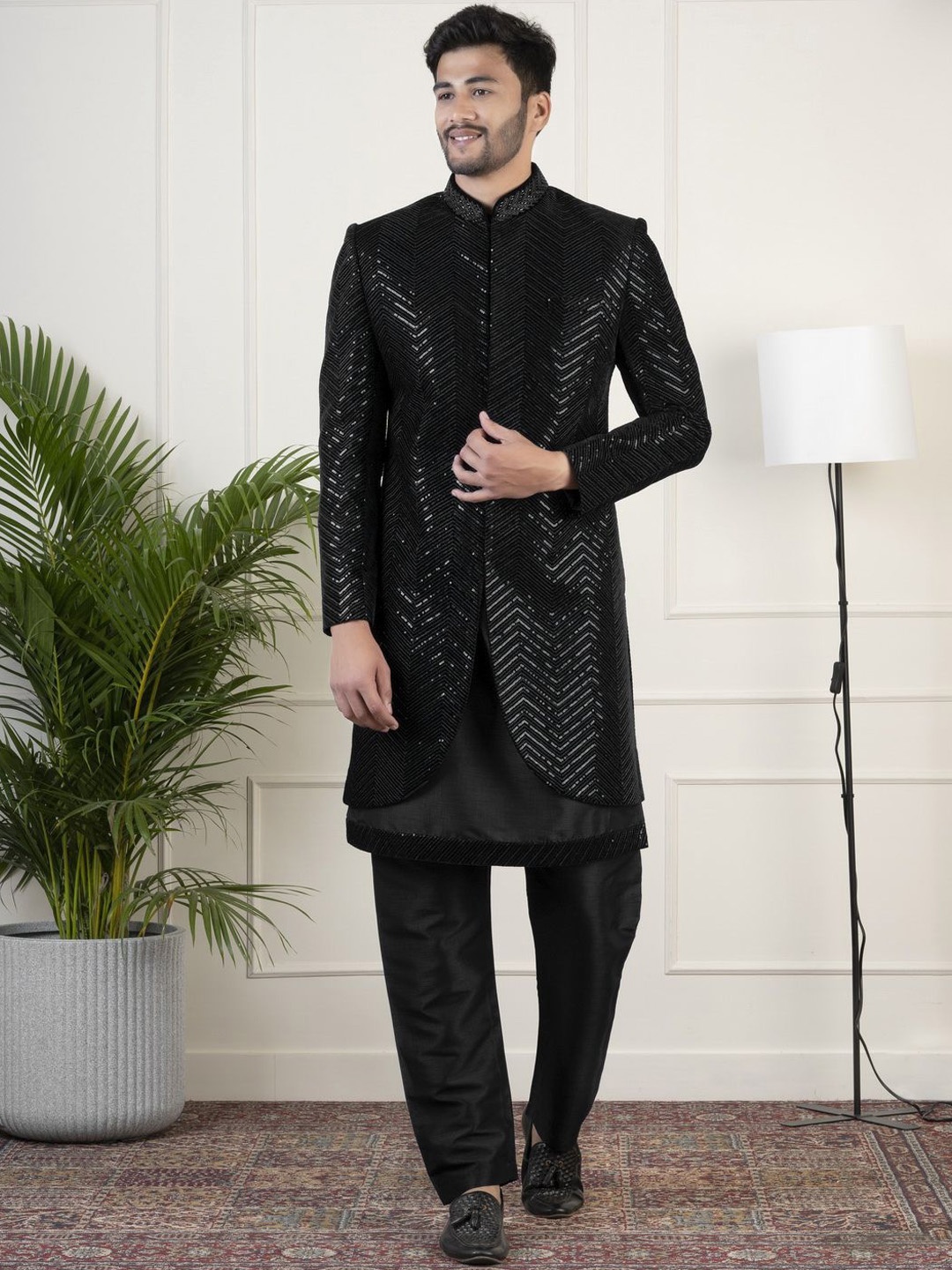 

TheEthnic.Co Sequin Embroidered Indowestern Sherwani, Black