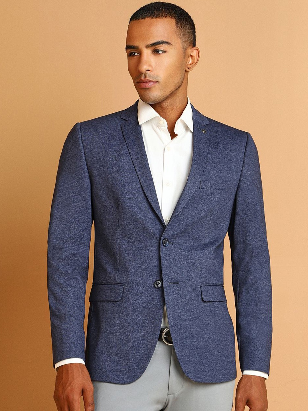 

Allen Solly Textured Notched Lapel Long Sleeves Single-Breasted Slim Fit Formal Blazer, Navy blue