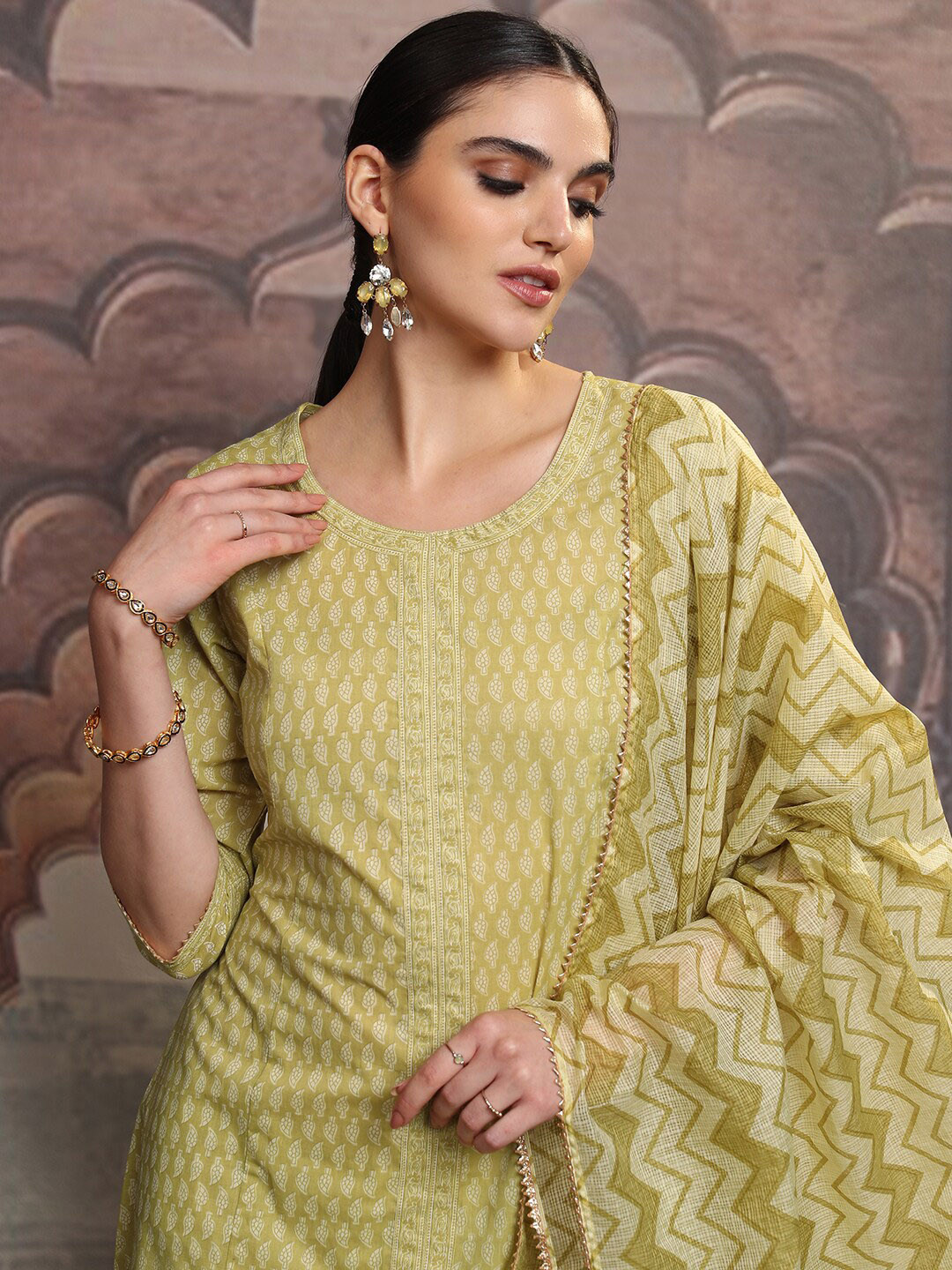 

Vishudh Olive Green Ethnic Motifs Printed Pure Cotton A-Line Kurta With Trousers & Dupatta
