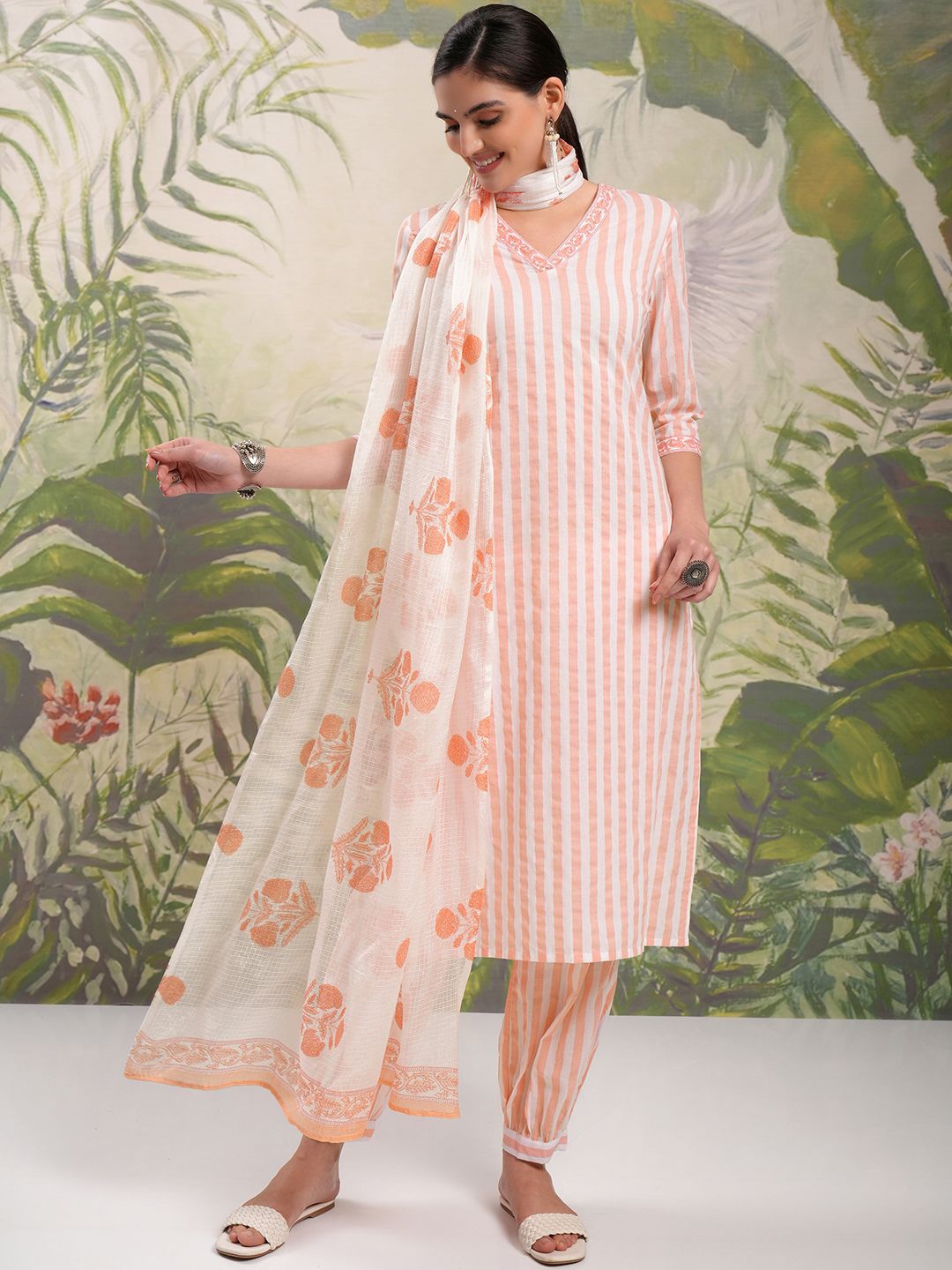 

Vishudh Pink Striped Pure Cotton Straight Kurta With Salwar & Dupatta