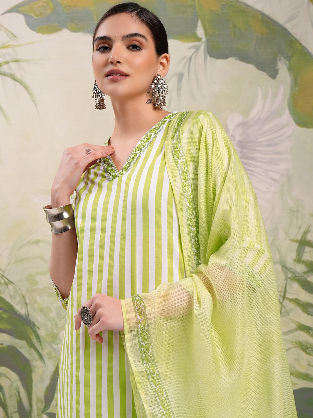 

Vishudh Lime Green Striped Pure Cotton Straight Kurta With Salwar & Dupatta