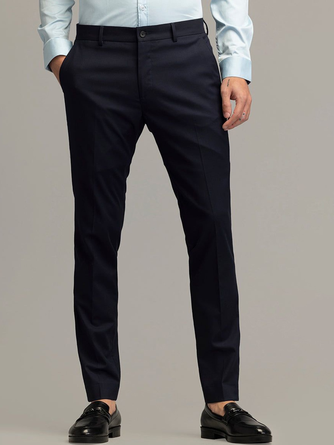 

Snitch Men Navy Blue Mid-Rise Smart Formal Trousers