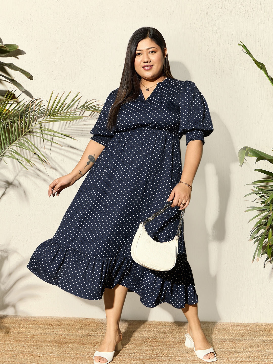 

Berrylush Curve Polka Dot Printed A-Line Midi Dress, Navy blue