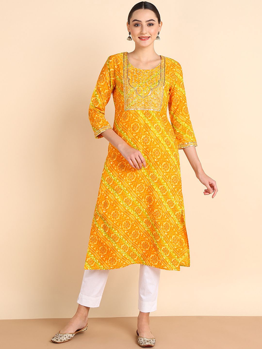 

Maaesa Ethnic Motifs Printed Round Neck Sequins Straight Kurta, Yellow