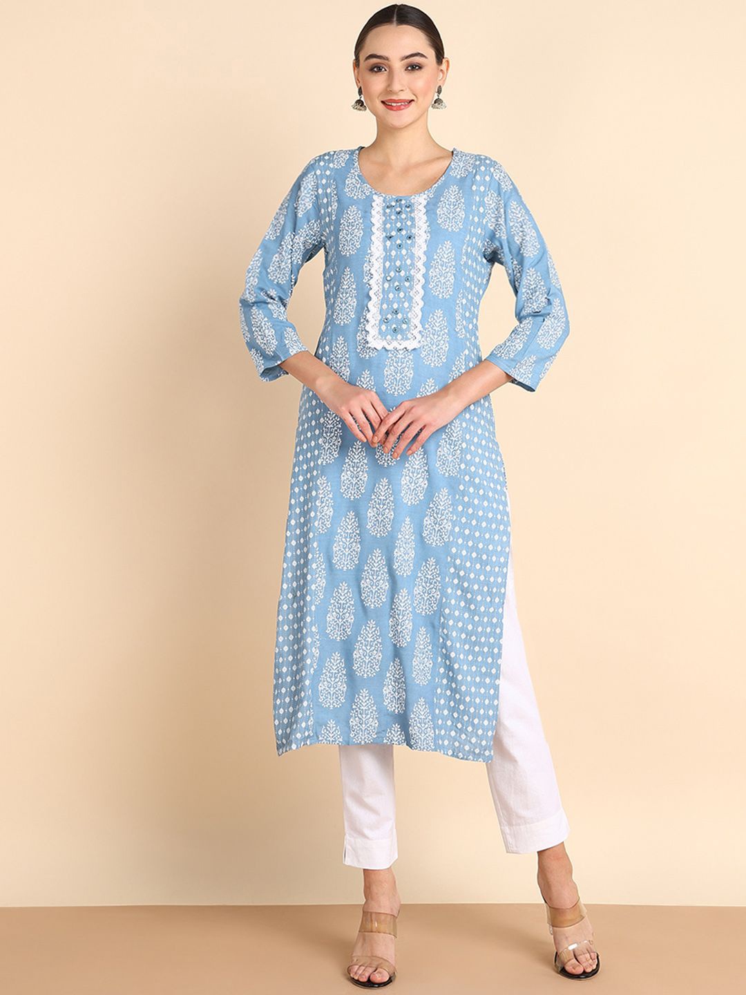 

Maaesa Ethnic Motifs Printed Round Neck Mirror Work Straight Kurta, Blue
