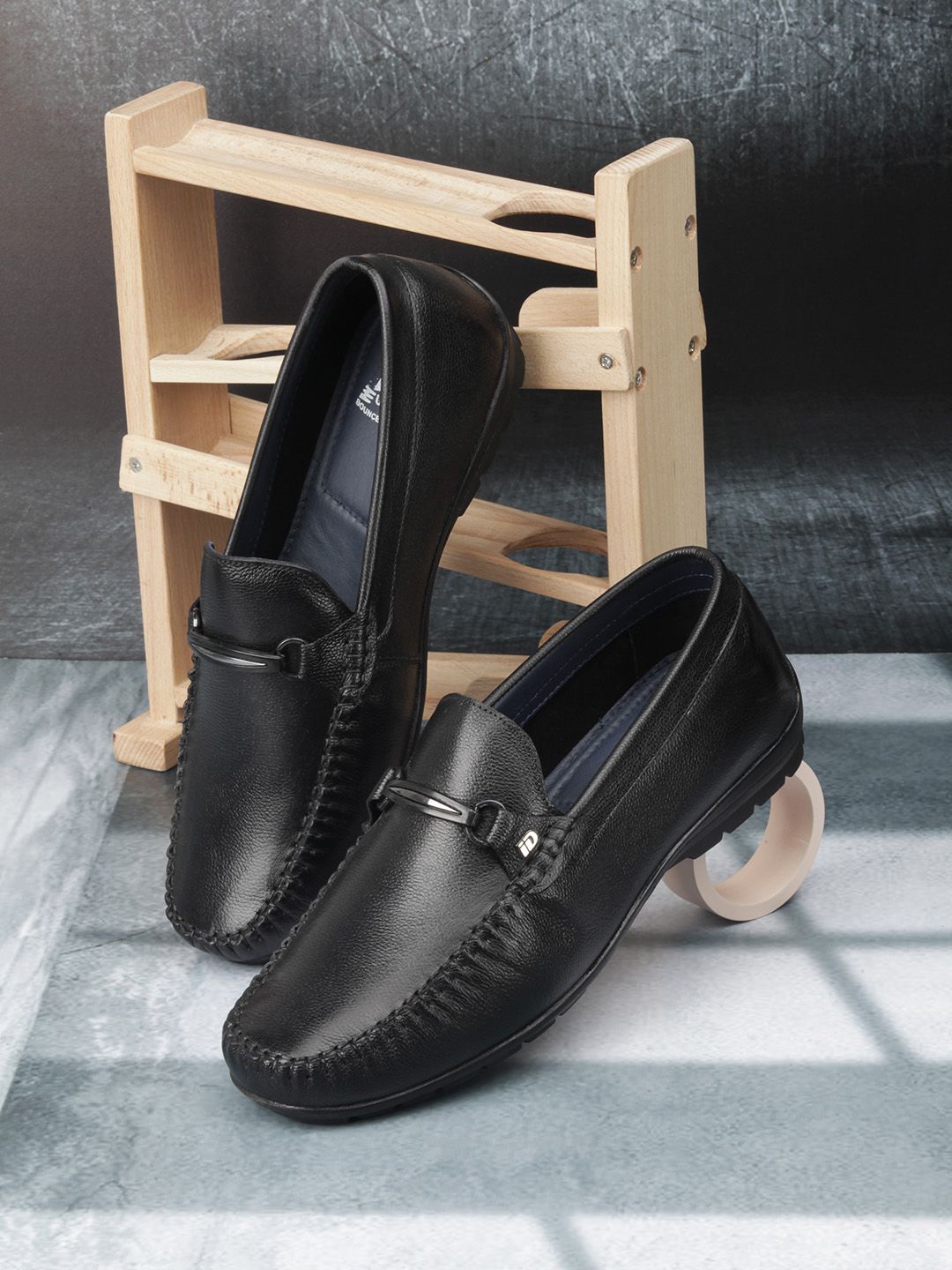 

ID Men Round Toe Leather Loafers, Black