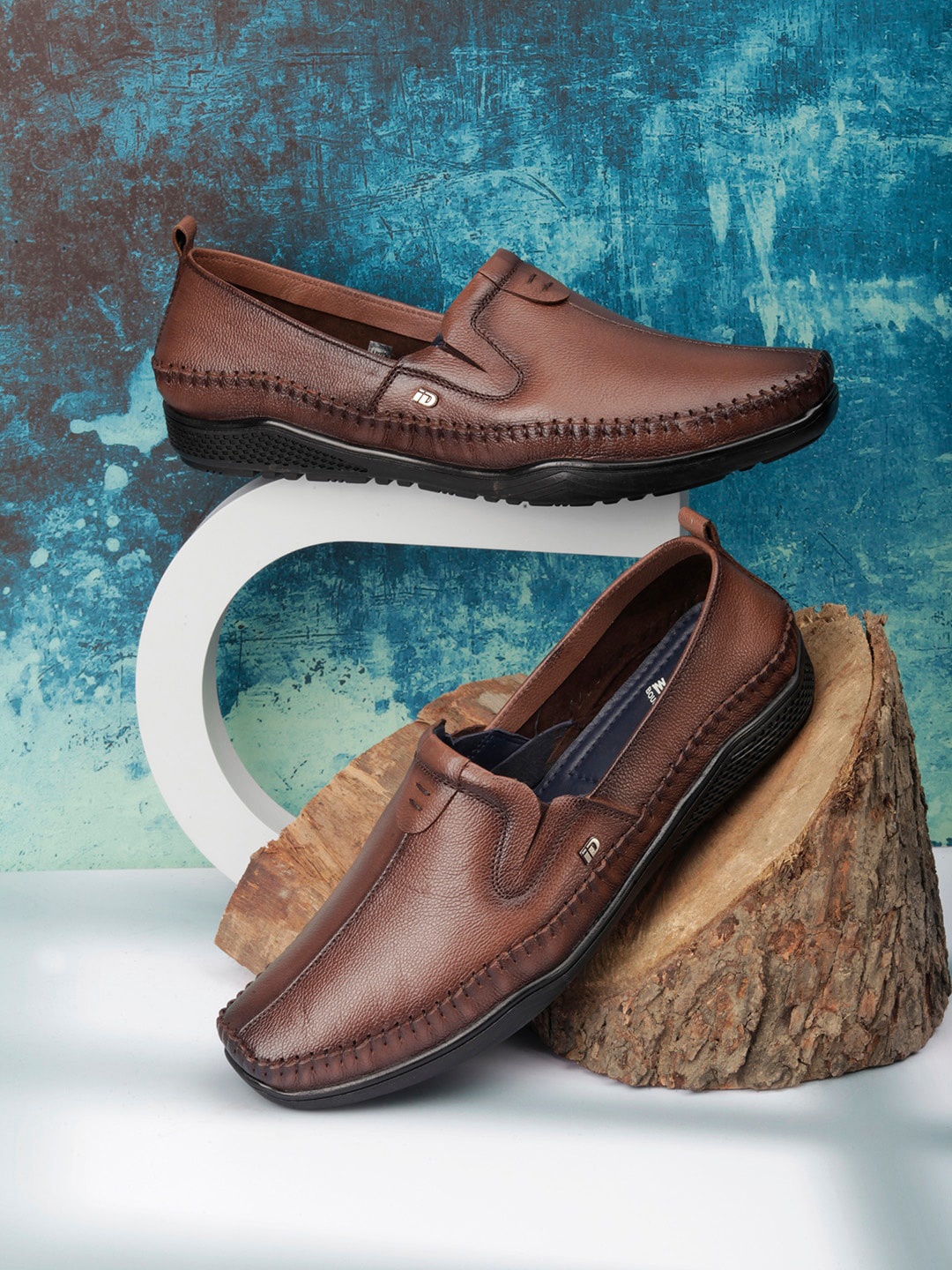 

ID Men Round Toe Leather Loafers, Brown