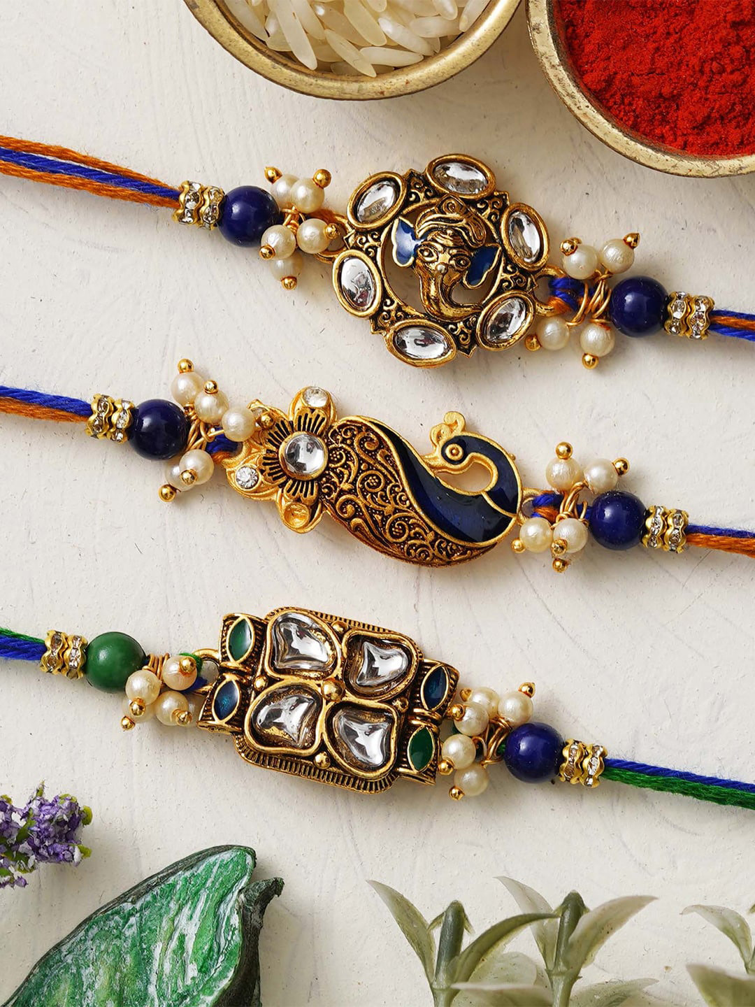 

eCraftIndia Men Set of 3 Lord Ganesha Rakhis With Roli Chawal, Gold