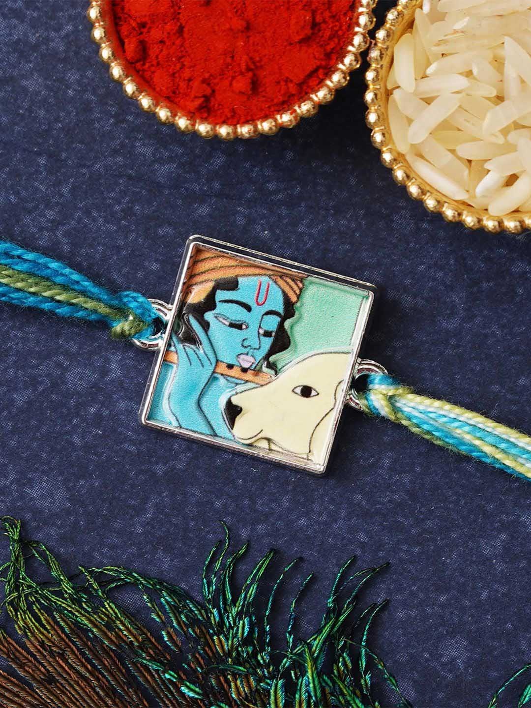 

eCraftIndia Men Krishna Playing Flute with Cow Religious Rakhi With Roli Chawal, Blue
