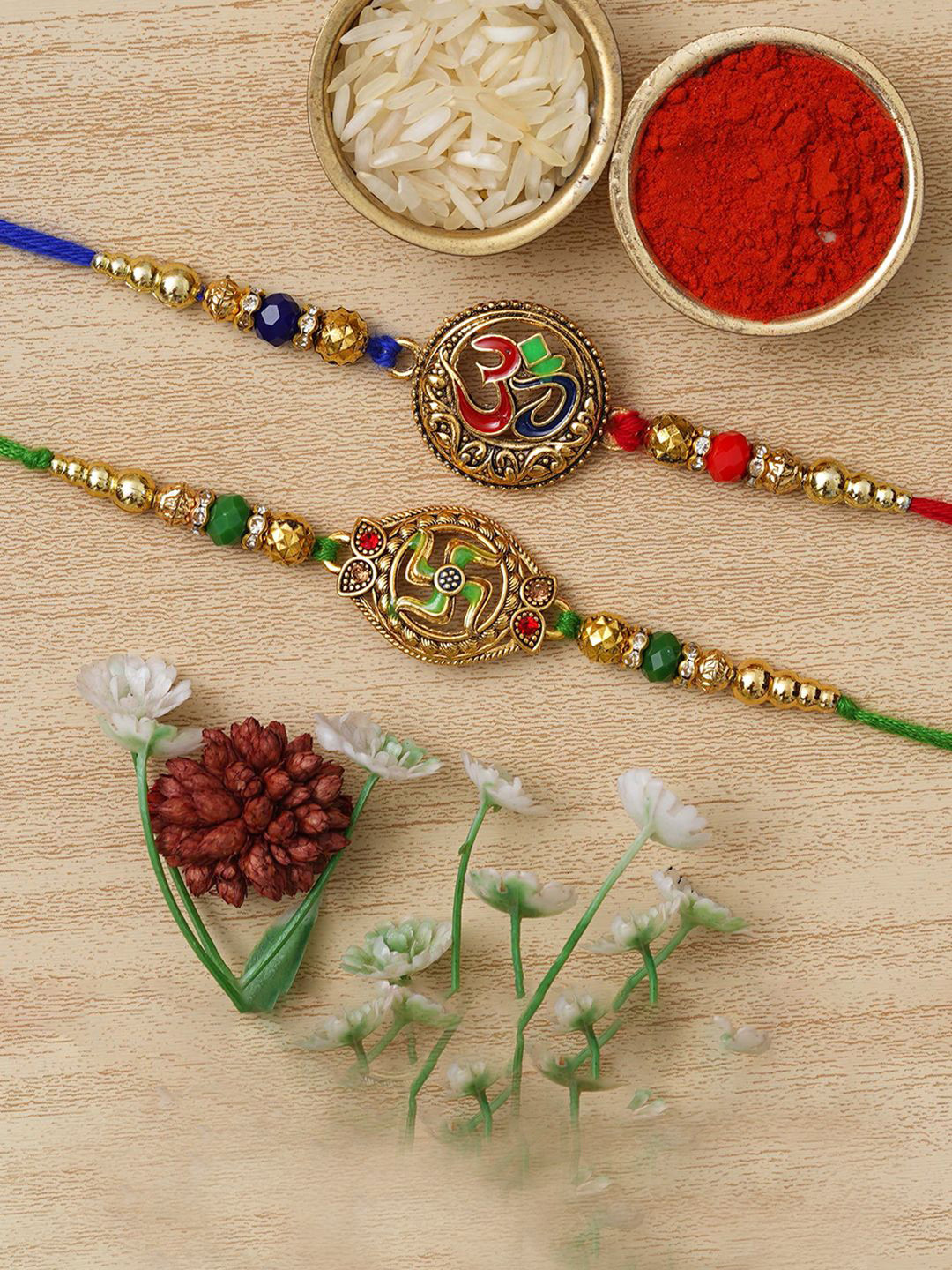 

eCraftIndia Unisex Set of 2 Swastika and Om Symbol Religious Rakhis, Gold