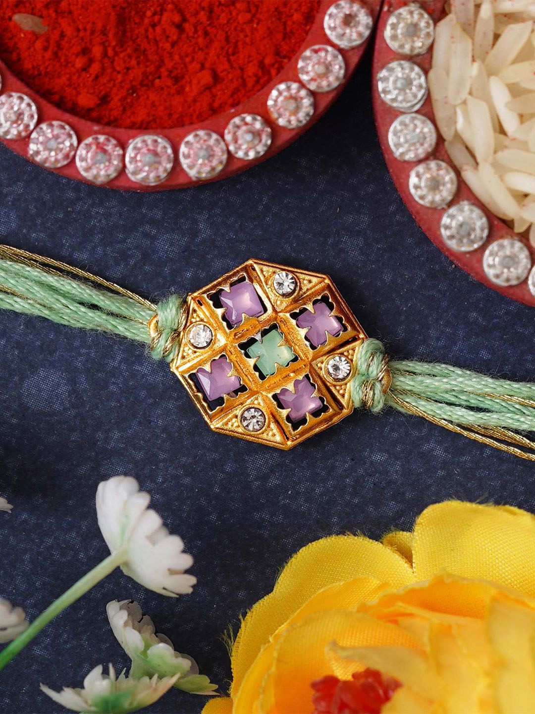 

eCraftIndia Men Stone Studded Rakhi With Roli Chawal, Green