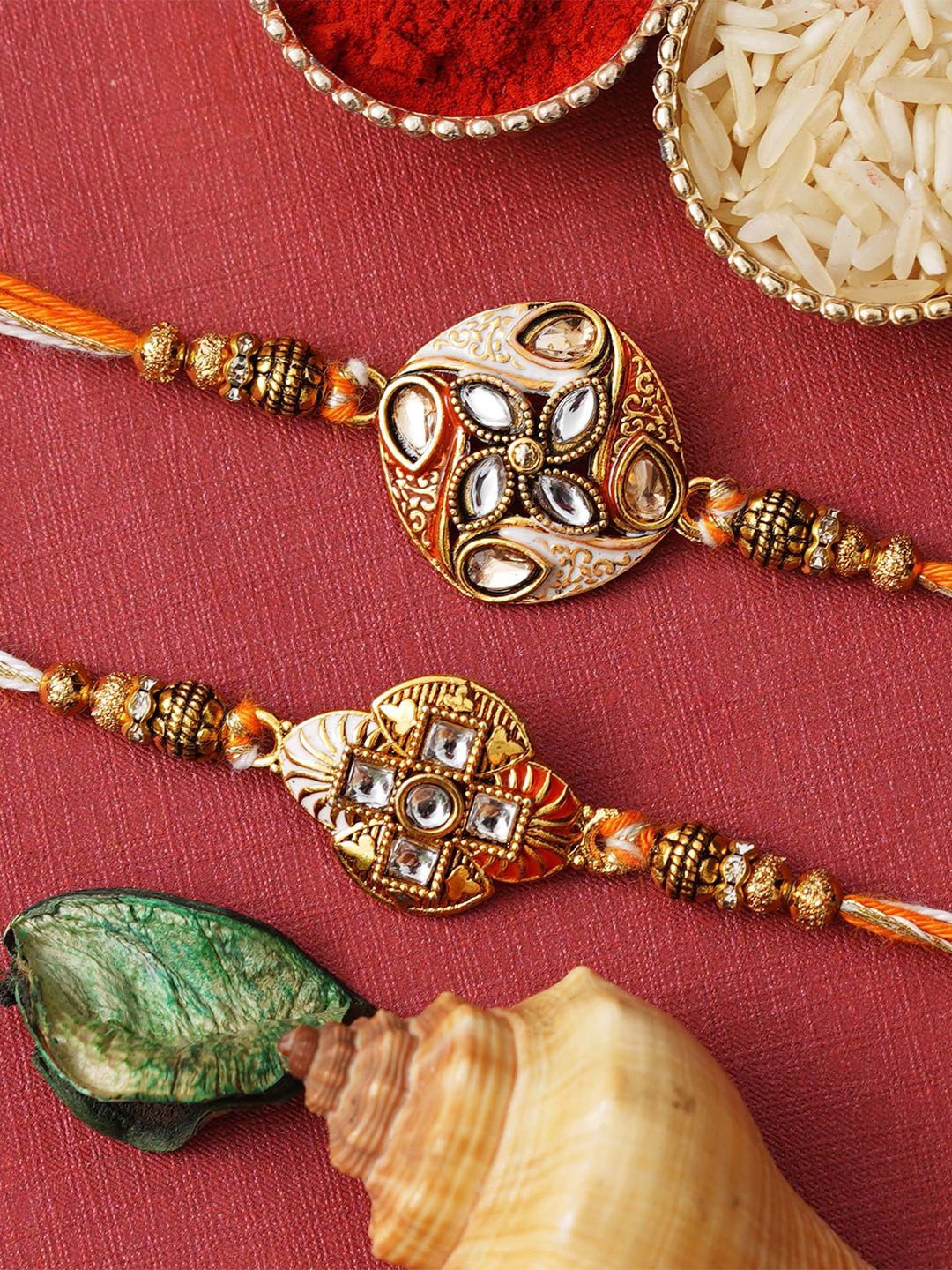 

eCraftIndia Set of 2 Floral Designer Rakhis for Brothers with Roli Chawal Pack, Gold