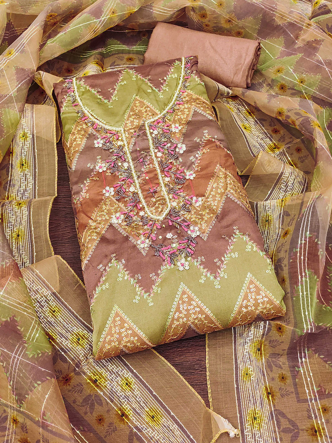 

Ishin Embroidered Organza Unstitched Dress Material, Brown