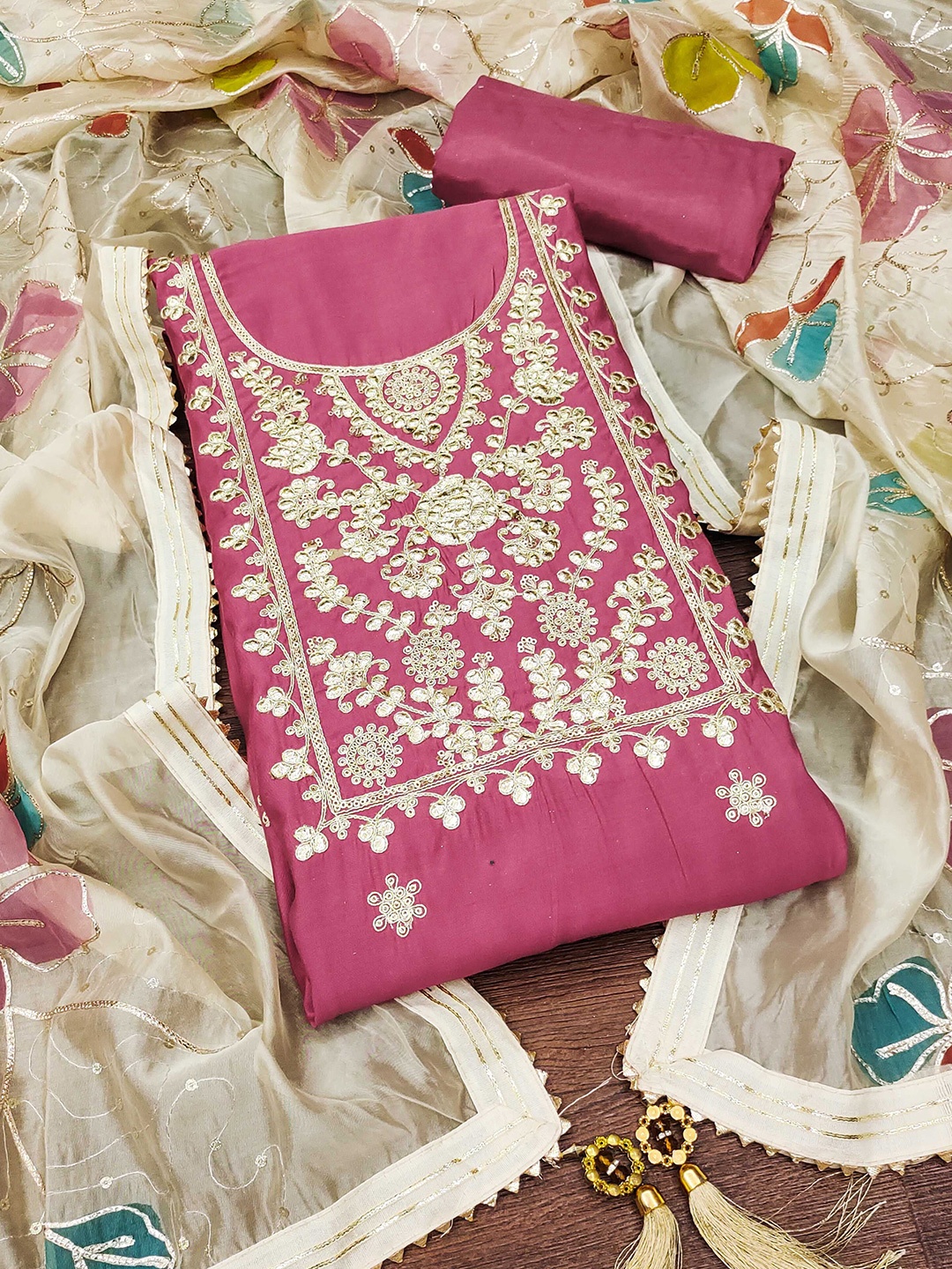 

Ishin Floral Embroidered Zari Unstitched Dress Material, Pink