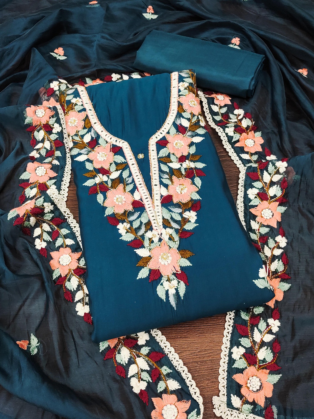 

Ishin Floral Embroidered ZariUnstitched Dress Material, Teal