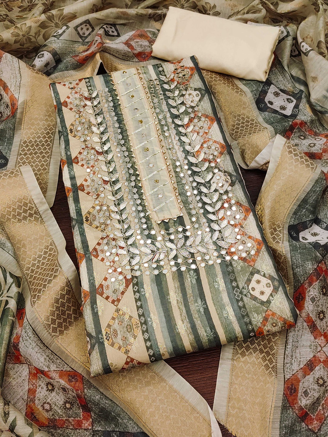 

Ishin Woven Design Unstitched Dress Material, Beige