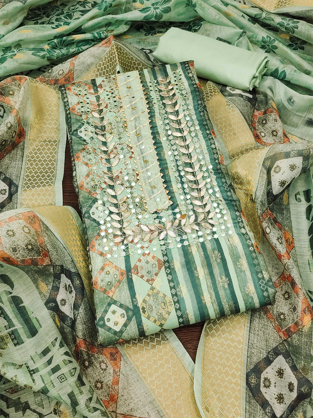 

Ishin Unstitched Dress Material, Sea green