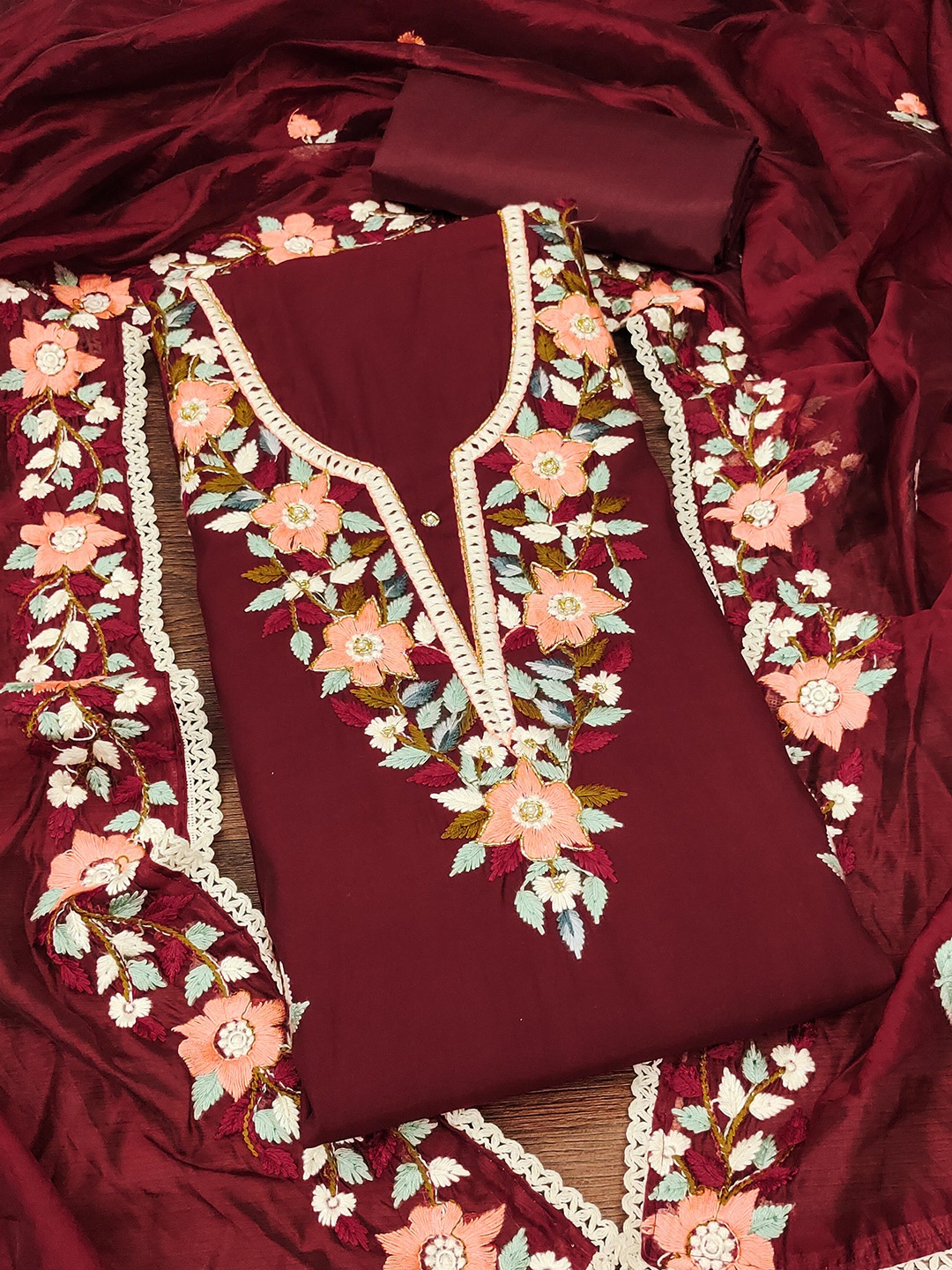 

Ishin Embroidered Unstitched Dress Material, Maroon