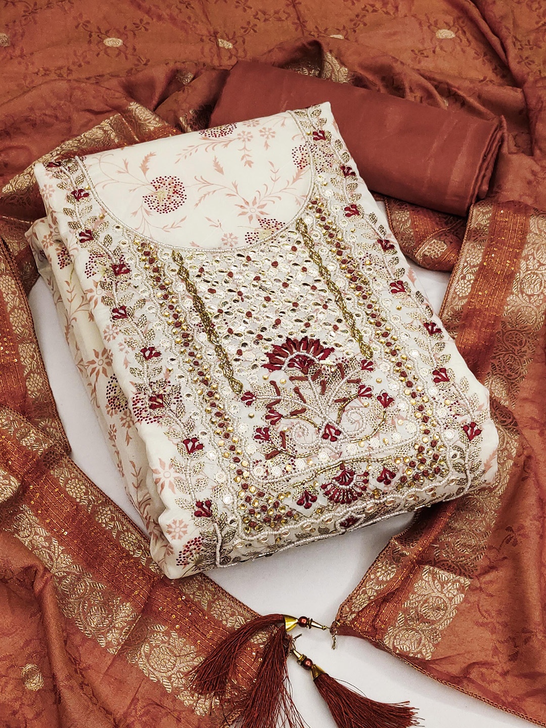 

Ishin Pure Cotton Unstitched Dress Material, Off white