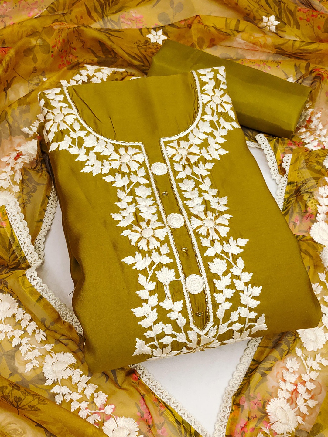 

Ishin Floral Embroidered Zari Unstitched Dress Material, Mustard